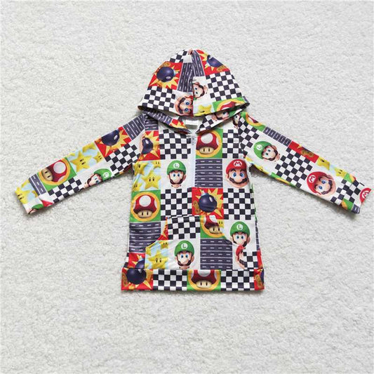 BT0311 Cartoon Mario black and white plaid zipper hooded long-sleeved top