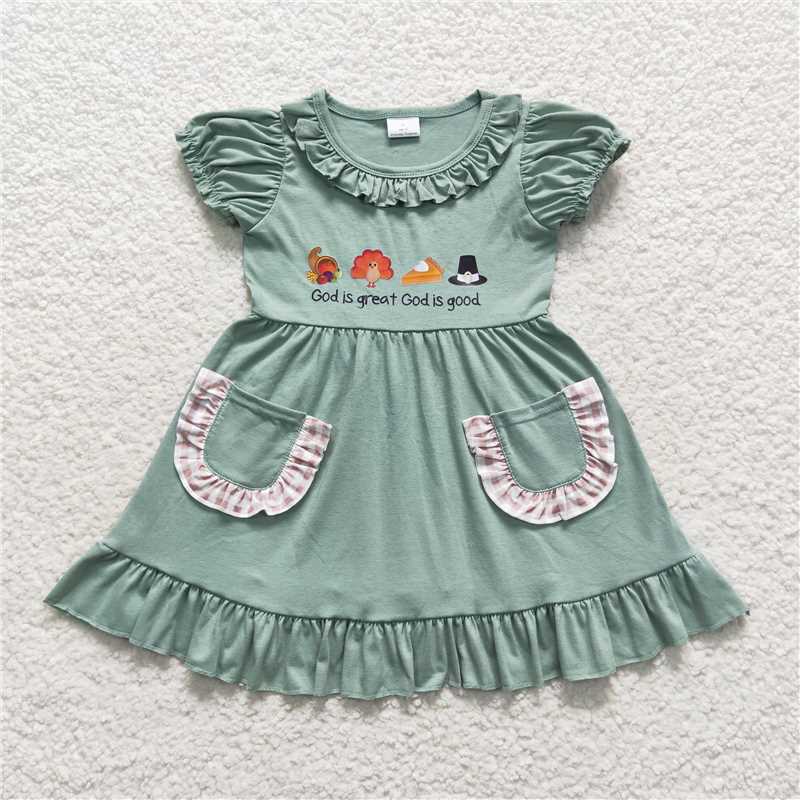 GSD0481  RTS NO MOQ Baby Girls Summer Dress God is great god is good turkey girls Thanksgiving dress