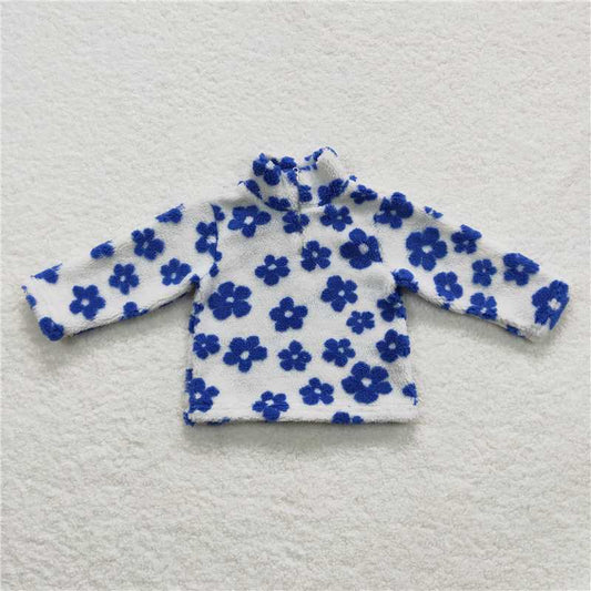 GT0267  Baby Girls Blue Flowers Thick Pullovers Tops