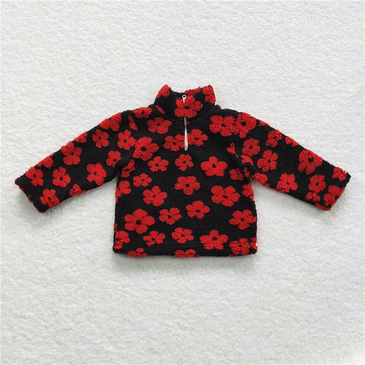 GT0271  Baby Girls Black Red Flowers Thick Pullovers Tops