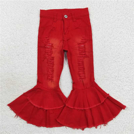 P0270  Baby Girls Red Distressed Denim Double Ruffle Bell Pants