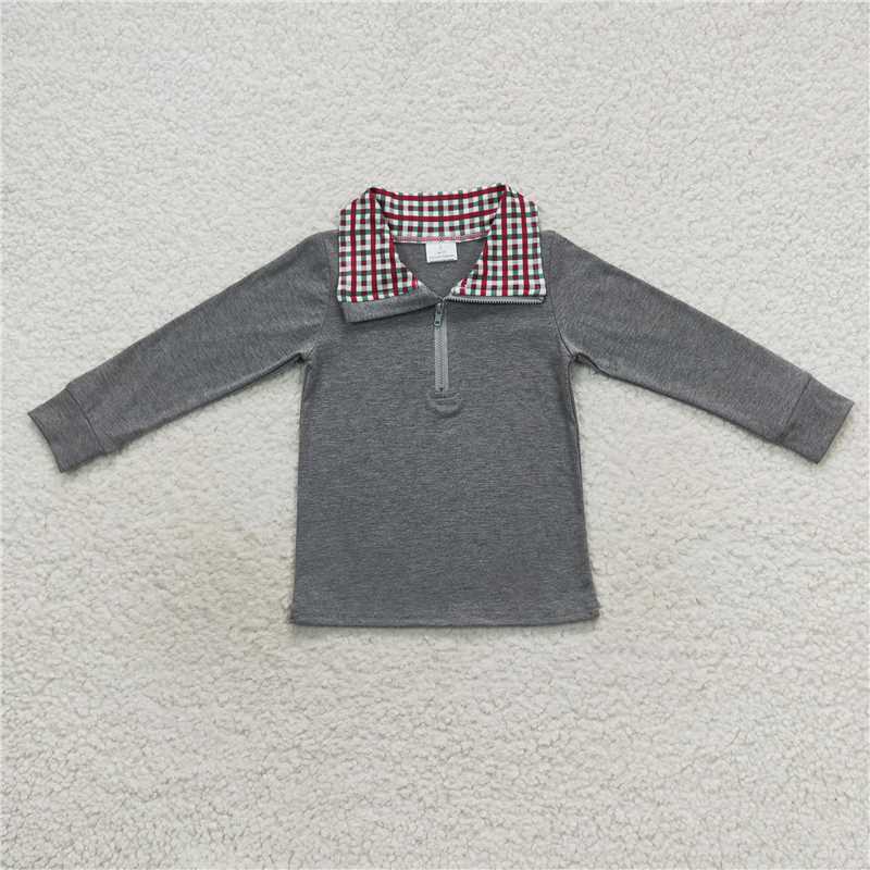 BT0282 BT0285 BT0283  Grey plaid zip-up collar long-sleeved pullover top