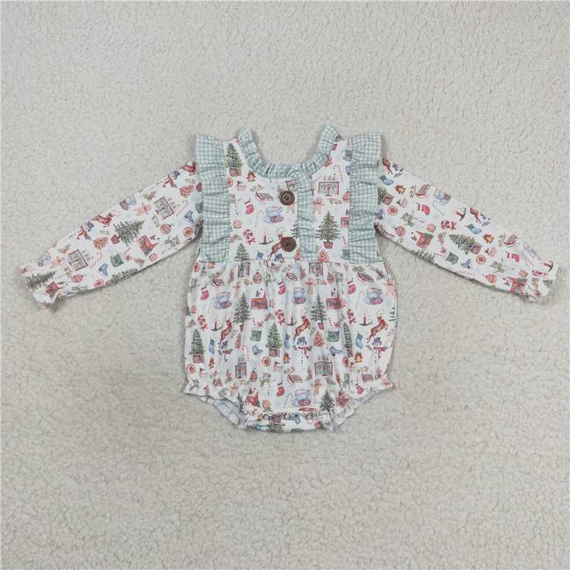 12.3 RTS NO MOQ （In stock）LR0556 Christmas Baby Girls Ruffle Long Sleeve Presents Rompers