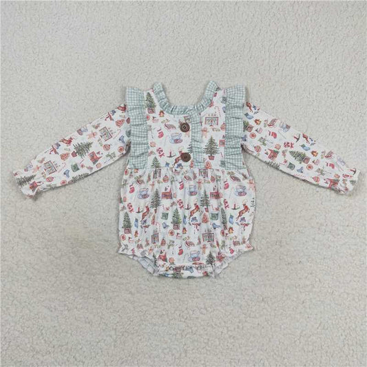 12.3 RTS NO MOQ （In stock）LR0556 Christmas Baby Girls Ruffle Long Sleeve Presents Rompers
