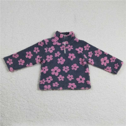 GT0269  Baby Girls Grey Pink Flowers Thick Pullovers Tops