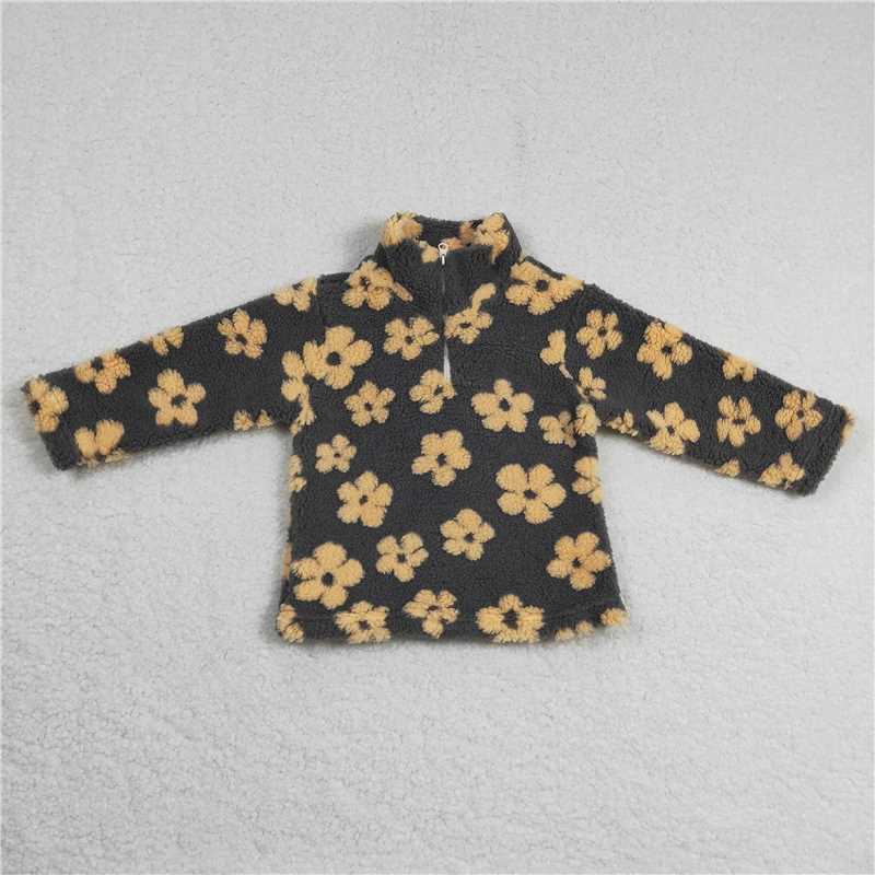 GT0268  Baby Girls Grey Mustard Flowers Thick Pullovers Tops