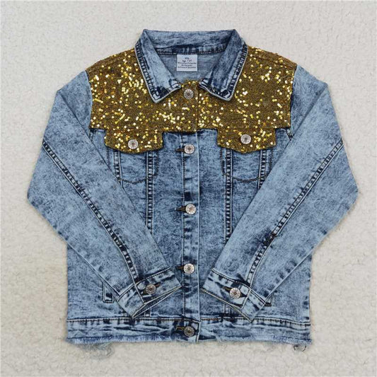GT0351 Baby Girls Gold Sequin Denim Buttons Jackets