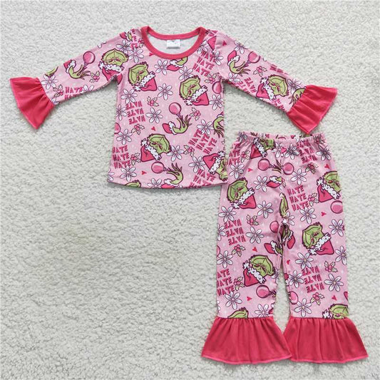 GLP0656 hate cartoon grinch flower pink lace long sleeve trousers suit