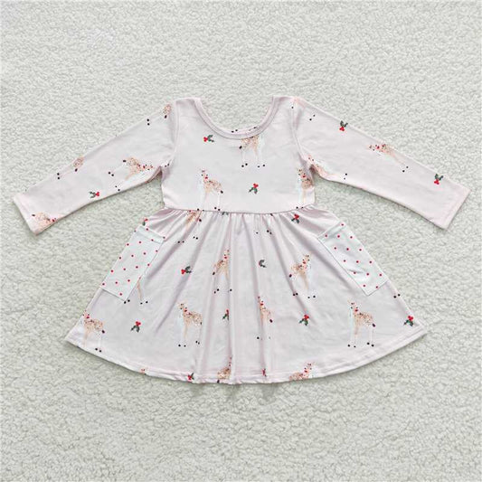 GLD0368  Baby Girls Pink Christmas Deer Long Sleeve Dresses