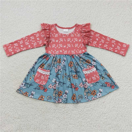 GLD0338  Baby Girls Orange Floral Long Sleeve Pocket Twirl Dresses