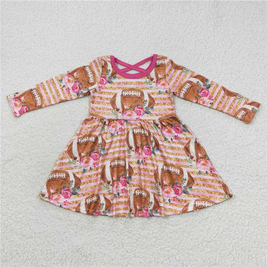 GLD0326  Baby Girls Pink Football Flowers Long Sleeve Dresses