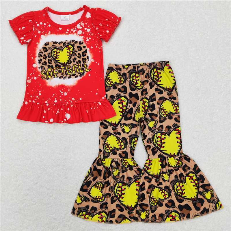 GSPO1086 softball red short-sleeved heart softball leopard print brown trousers suit