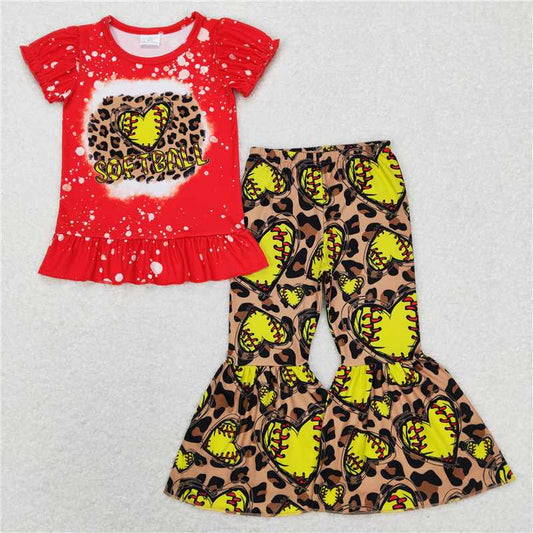 GSPO1086 softball red short-sleeved heart softball leopard print brown trousers suit