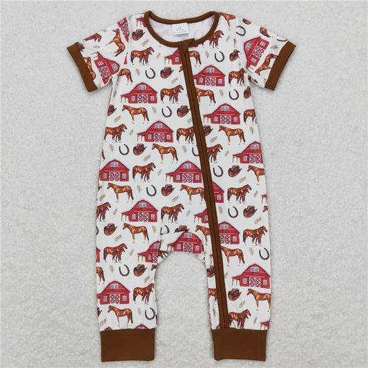 SR0509 Baby Infant Boys Short Sleeve Farm Horse Zip Rompers