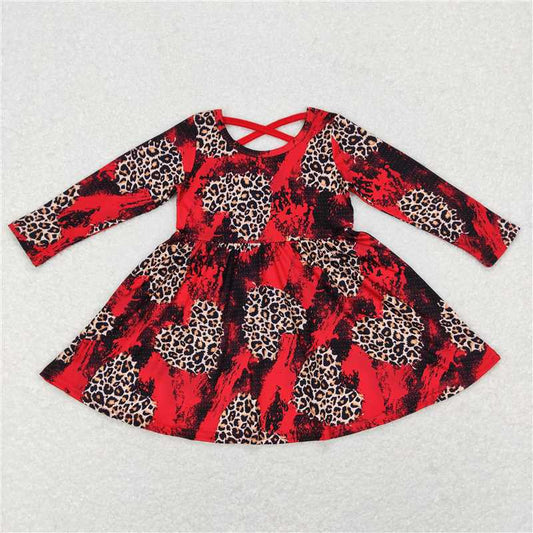GLD0490 Baby Girls Red Leopard Hearts Long Sleeve Valentines Dresses