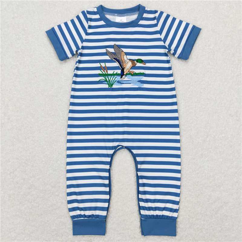 SR0554 RTS NO MOQ Baby Boys Summer Rompers Baby Boys Blue Stripes Duck Tops Shorts Brother Clothing Sets