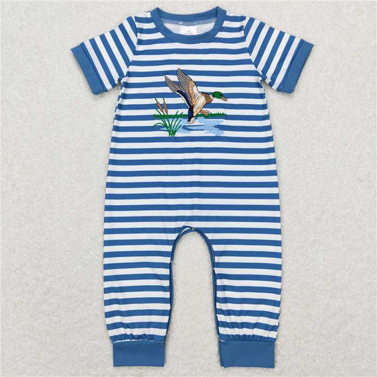 SR0554 RTS NO MOQ Baby Boys Summer Rompers Baby Boys Blue Stripes Duck Tops Shorts Brother Clothing Sets
