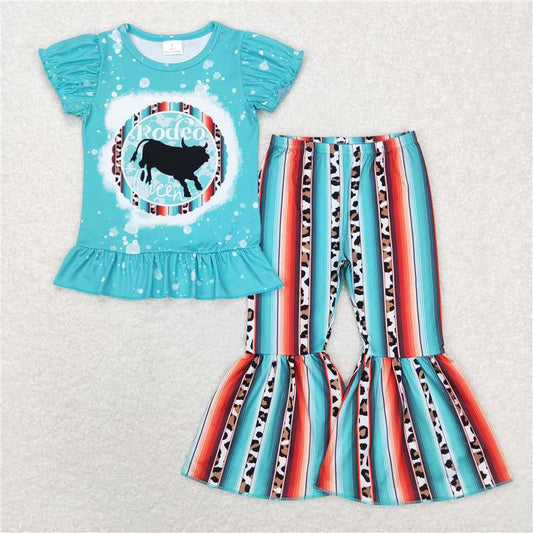 GSPO1051 Rodeo Queen letter cow blue lace short-sleeved leopard striped trousers suit