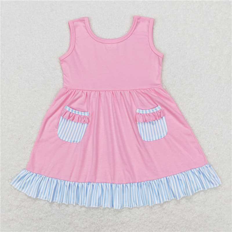 GSD0608  Baby Girls Pink Pocket Ruffle Knee Length Dresses