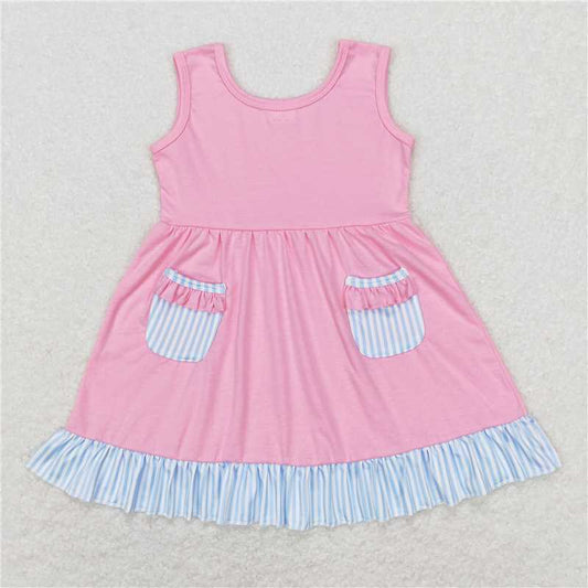 GSD0608  Baby Girls Pink Pocket Ruffle Knee Length Dresses