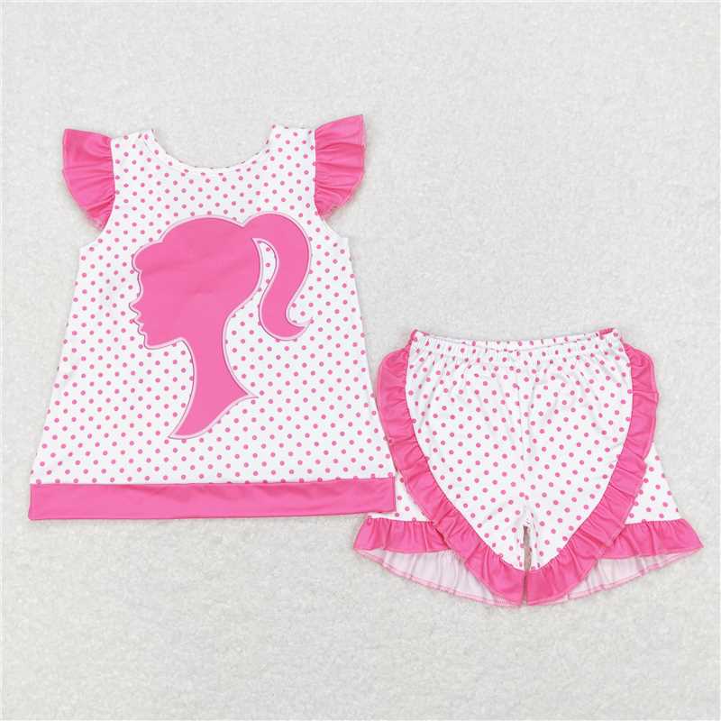 GSSO0384Pink polka dots top backless bow top shorts party girls outfits