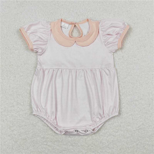 SR0597  Baby Infant Girls Light Pink Checkered Short Sleeve Rompers