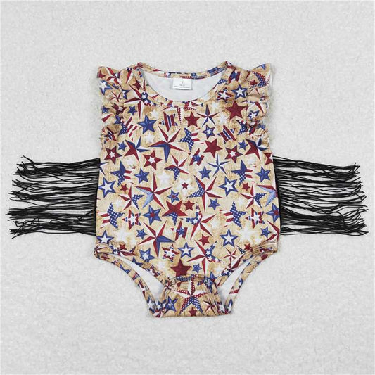 SR0920  Baby Girls 4th Of July Stars Flutter Sleeve Tassels Rompers