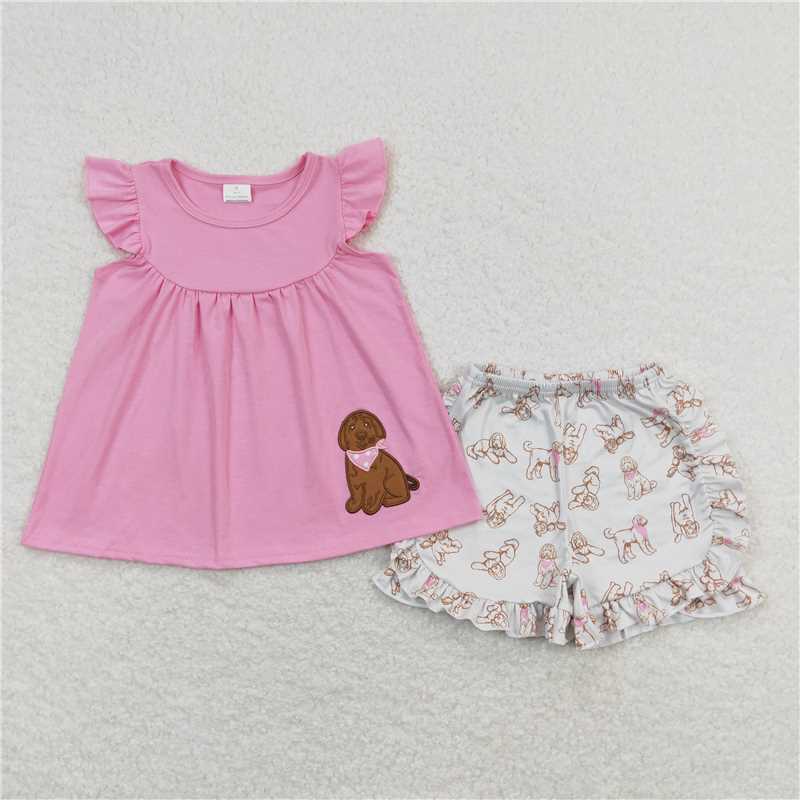 GSSO0581RTS NO MOQ  Baby Girls Summer Outfits Flutter sleeves dog tunic ruffle shorts girls summer clothing