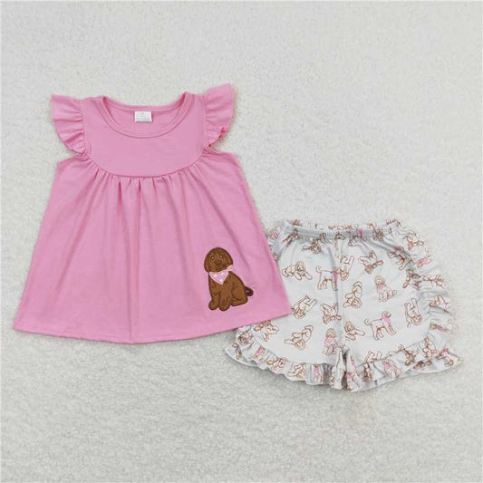 GSSO0581RTS NO MOQ  Baby Girls Summer Outfits Flutter sleeves dog tunic ruffle shorts girls summer clothing