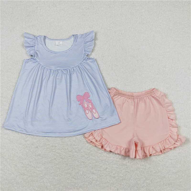 GSSO0582RTS NO MOQ Baby Girls Summer Outfits Baby Girls Dance Shoes Ballet Design Rompers Dresses Clothes Sets
