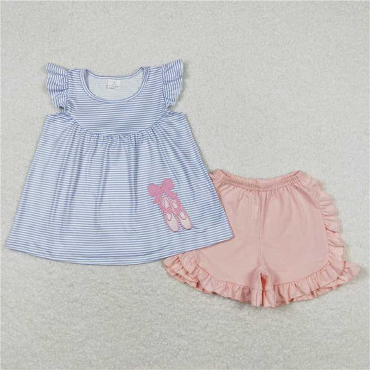 GSSO0582RTS NO MOQ Baby Girls Summer Outfits Baby Girls Dance Shoes Ballet Design Rompers Dresses Clothes Sets