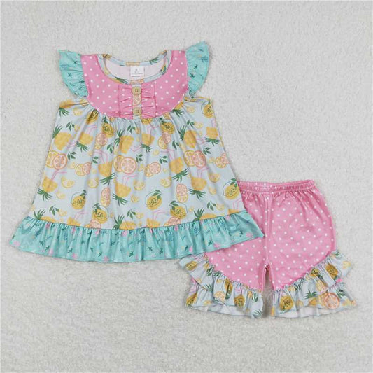 Baby Girls Lemon Flutter Sleeve Tunic Tops Ruffle Shorts Clothes Sets