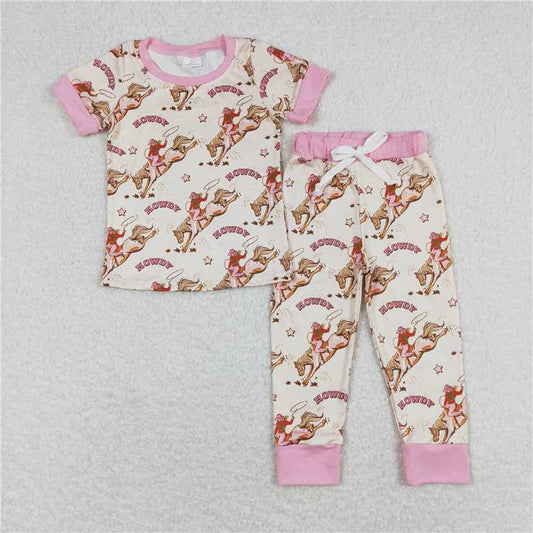 GSPO1488 RTS NO MOQ Baby Girls Pajamas Outfits howdy horse riding pink hem short-sleeved trousers pajamas set