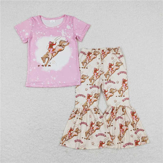 GSPO1487 RTS NO MOQ Baby Girls Spring Outfits howdy riding pink short-sleeved trousers suit