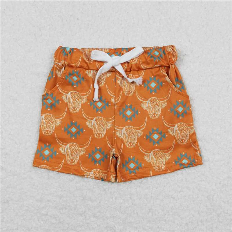SS0208 Orange shorts with geometric pattern of mountain bull head
