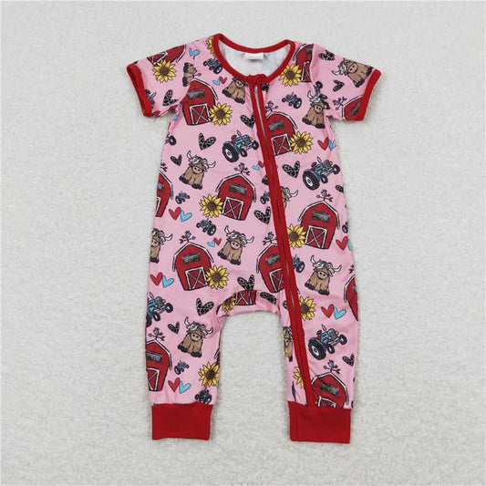 SR1368  Baby Girls Red Farm Sunflower Sibling Rompers Clothes Sets