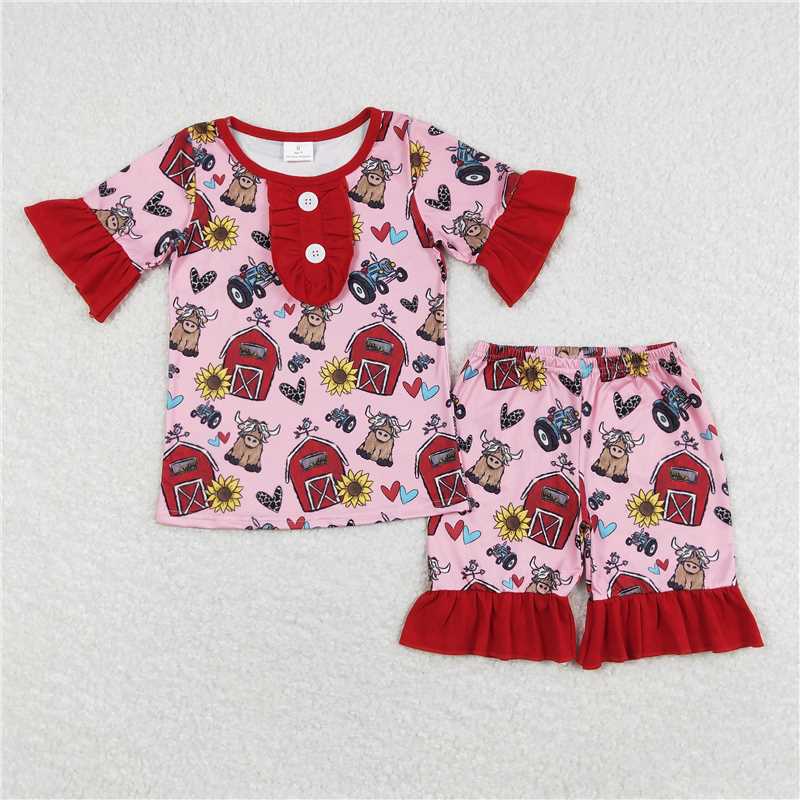 GSSO0932 RTS NO MOQ Baby Girls Pajamas Outfits Short sleeves cows sunflower farm girls summer pajamas