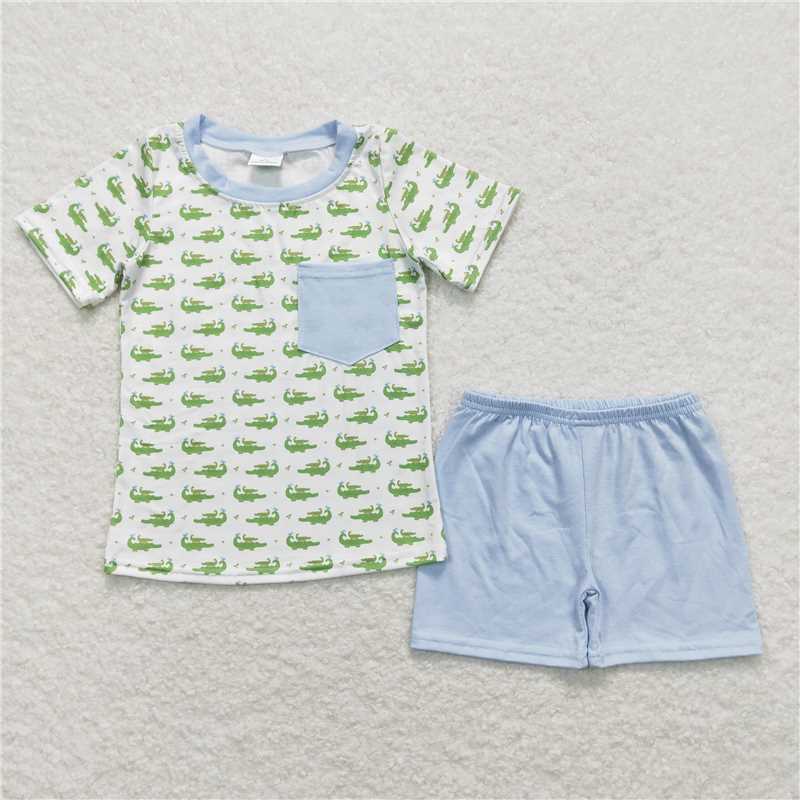 BSSO0556 RTS NO MOQ Baby Boys Summer Boys Outfits Baby Boys Crocodile Pocket Tee Shirts Shorts Clothes Sets