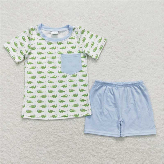 BSSO0556 RTS NO MOQ Baby Boys Summer Boys Outfits Baby Boys Crocodile Pocket Tee Shirts Shorts Clothes Sets