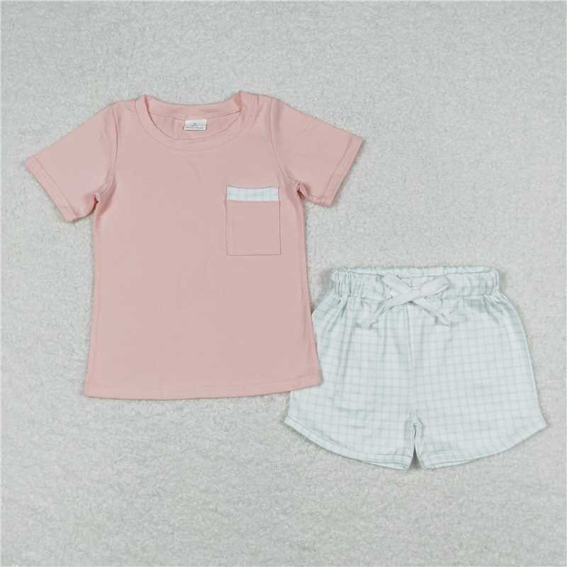 BSSO0698 Baby Boys Pink Short Sleeve Tee Shirt Top Checkered Shorts Clothes Sets