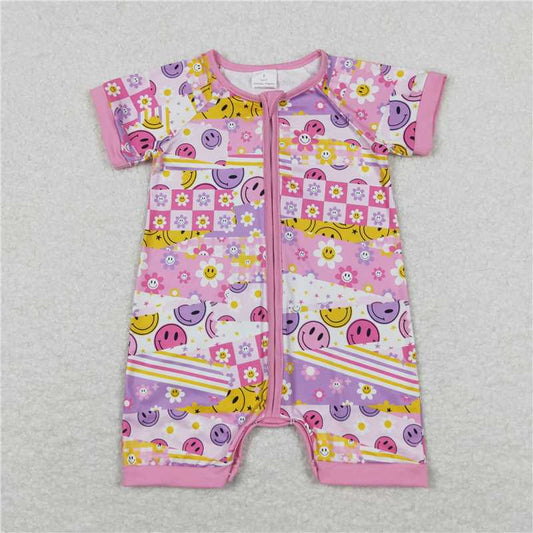 SR0968  Baby Infant Girls Pink Flowers Smile Zip Rompers