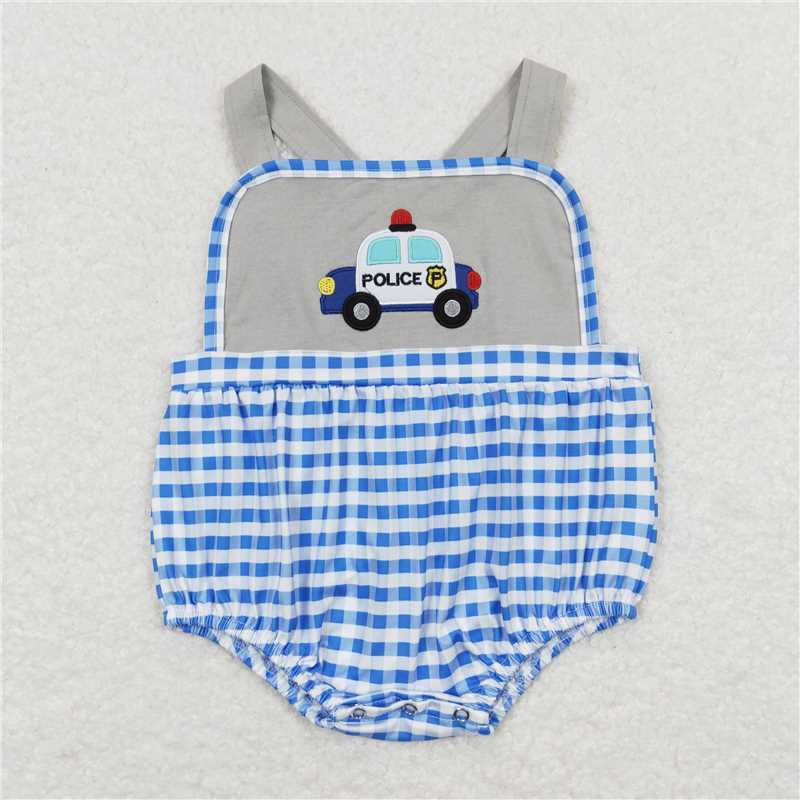 SR0997 Baby Infant Boys Blue Checkered Police Car Summer Rompers