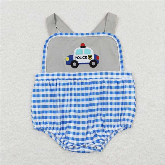 SR0997 Baby Infant Boys Blue Checkered Police Car Summer Rompers