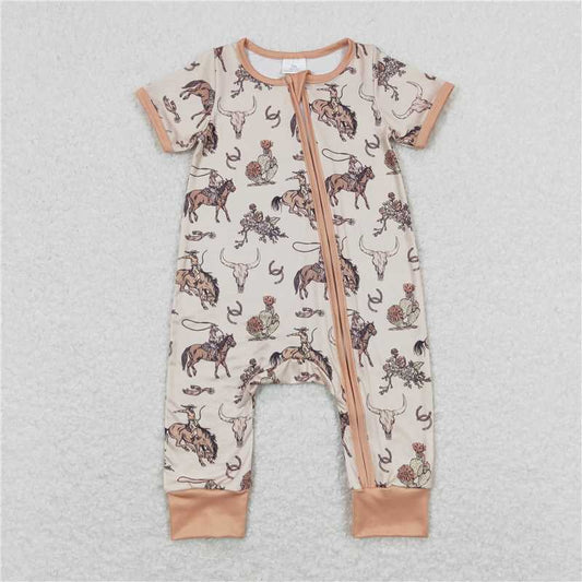 SR1220RTS NO MOQ Short sleeves rodeo bull skull baby western zipper romper