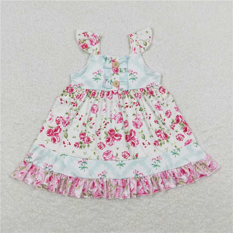 GSD0498  Floral Pocket Square Neck Lace Pleated Dress
