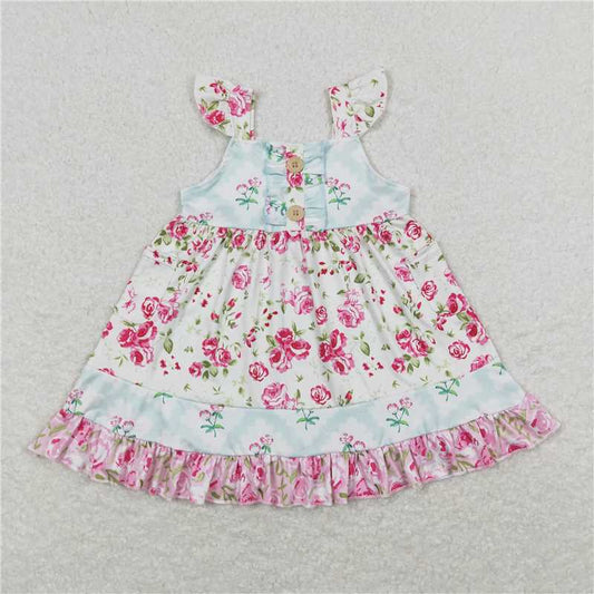 GSD0498  Floral Pocket Square Neck Lace Pleated Dress