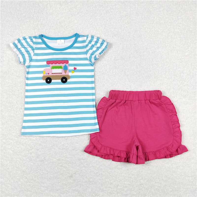 GSSO0580 Embroidered ice cream truck blue striped short-sleeved rose pink shorts set