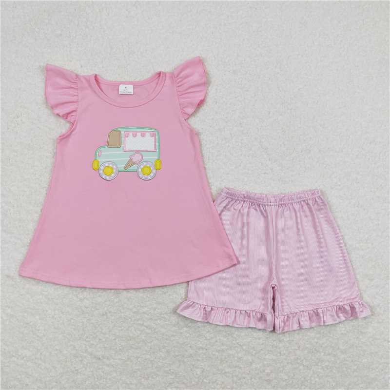 GSSO0508 Embroidered Ice Cream Truck Pink Flying Sleeve Striped Shorts Set