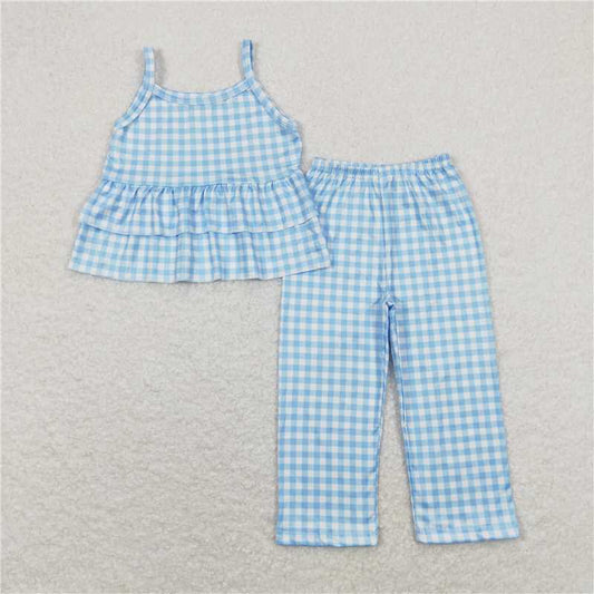 GSPO1378 Blue and white plaid lace suspender trousers set