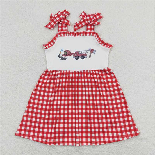GSD0906  Baby Boys Girls Sibling Fire Truck Red Dresses Outfits Clothes Sets
